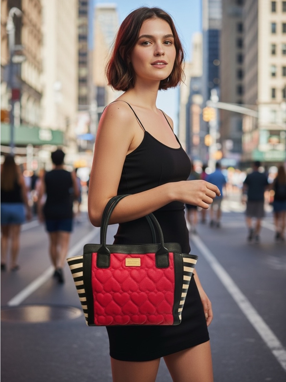 Betsey Johnson Quilted Pink Heart Tote Bag with Black and White Striped Sides - Picture 3 of 9